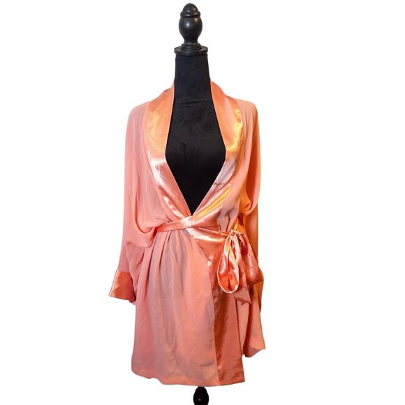 Vintage 80s 90s Victoria Secret Wrap Sheer Pink Satin Trim Robe One Size - Picture 1 of 5